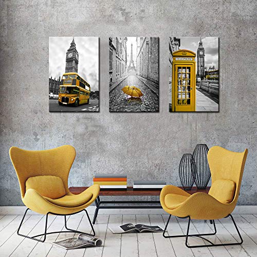 Biuteawal - 3 Panel City Wall Art Paris Eiffel Tower Picture Prints London Big Ben With Telephone Booth Landscape Painting On Canvas Black And Yellow Artwork For Home Decor #TOP4