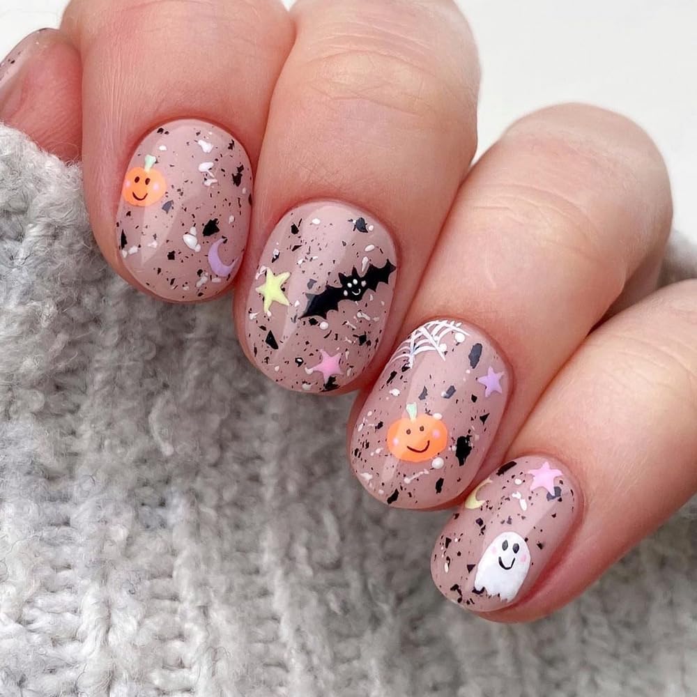 Halloween Press on Nails Short Square Fake Nails with Cute Bat Pumpkin Ghost Designs Acrylic Nail Short Squoval False Nails Glitter Glue on Nail for