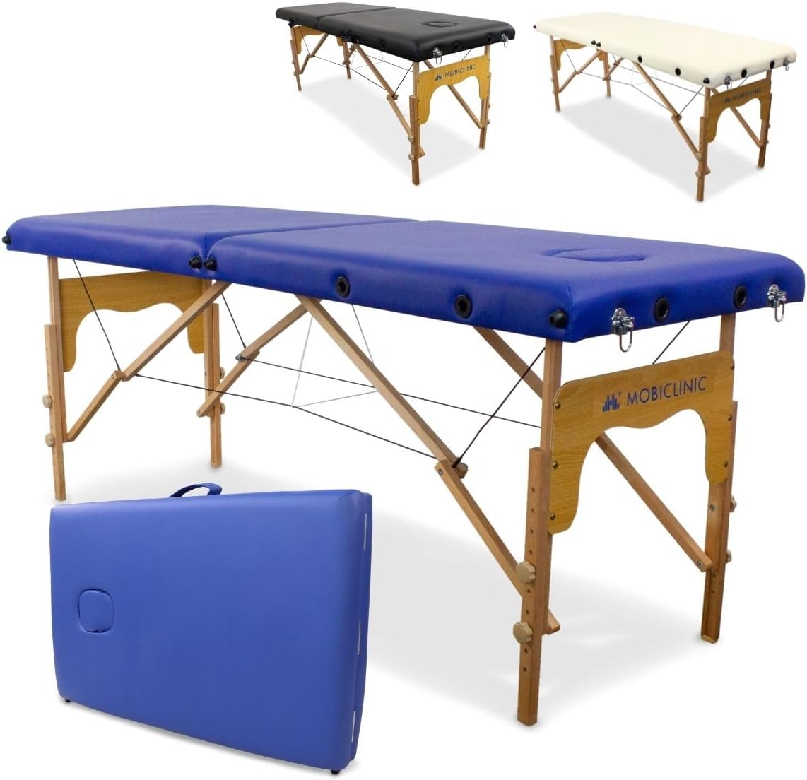 Mobiclinic®, Massage Table, CM-01 Basic, Massage Bed, Professional, Portable, Wooden, 2 Sections, European Brand, Adjustable, 70 x 23.5 in, Therapy Couch, Physiotherapy, Tattoo Bed, Blue