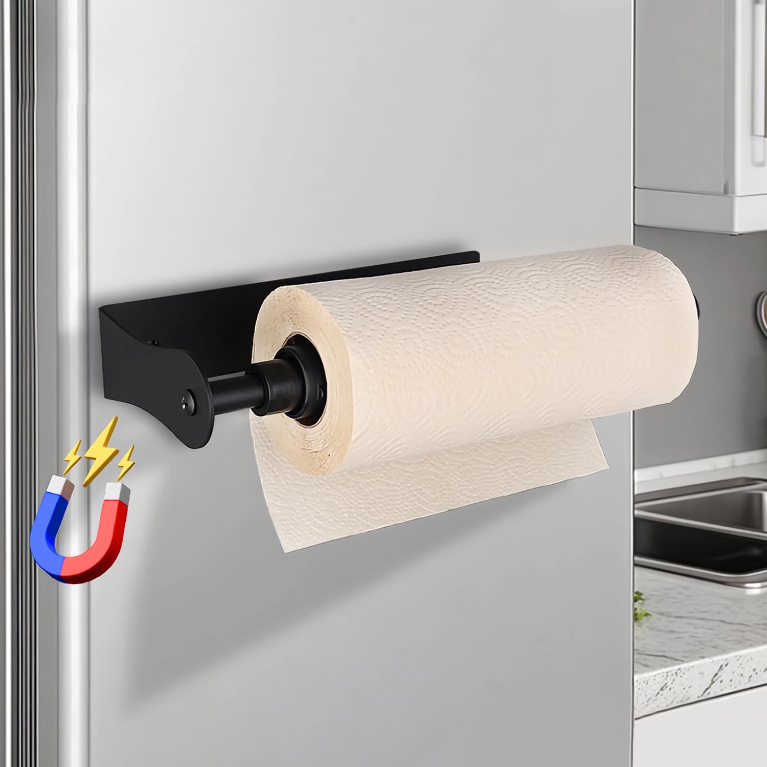 Magnetischer küchenrollenhalter mit Dämpfungseffekt, Einhandbedienung, Selbstklebend & Bohrfrei, Aus Aluminiumlegierung, für Küche, Kühlschrank, Backofen, Wohnmobil & Garage (Schwarz)