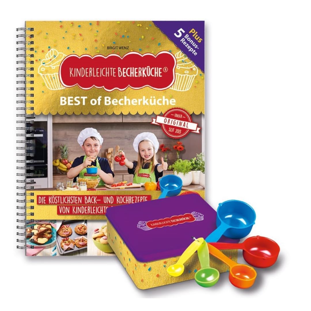 Set di 5 bicchieri colorati in contenitore per biscotti con 20 ricette