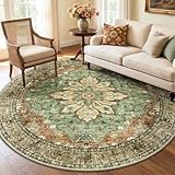 RELEANY Area Rugs Round 6ft Washable Non-Slip, Floral Vintage Distress Medallion Carpet for Living Room Bedroom Dining Room, Terracotta Burnt Orange Green