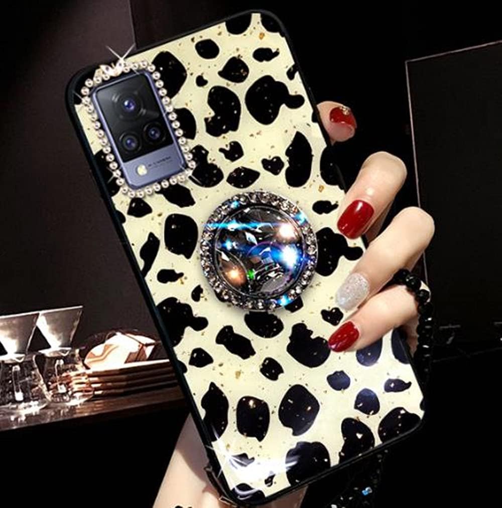 Aulzaju for iPhone 12 Pro Case Bling Diamond Hard Back Soft Raisede TPU Edge Cute Leopard Design 3D Luxury Glitter Butterfly Gems Ring Stand Phone Case for iPhone 12 for Women Girls 6.1 Inch Leopard