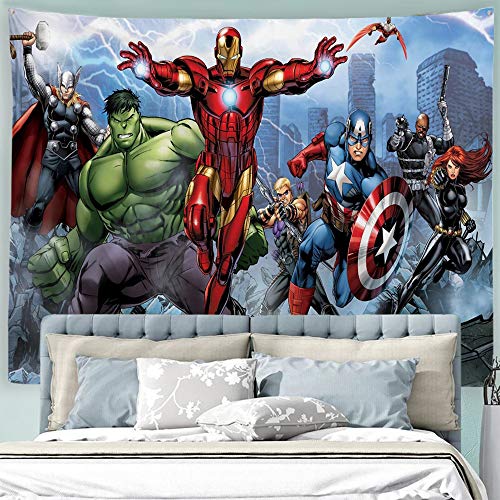 Baccessor Super Hero Tapestry Spider Man, Hulk, Captain America, Black Panther and Iron Man Marvel Fans Favorite American Hero Tapestry for Boy's Bedroom,90