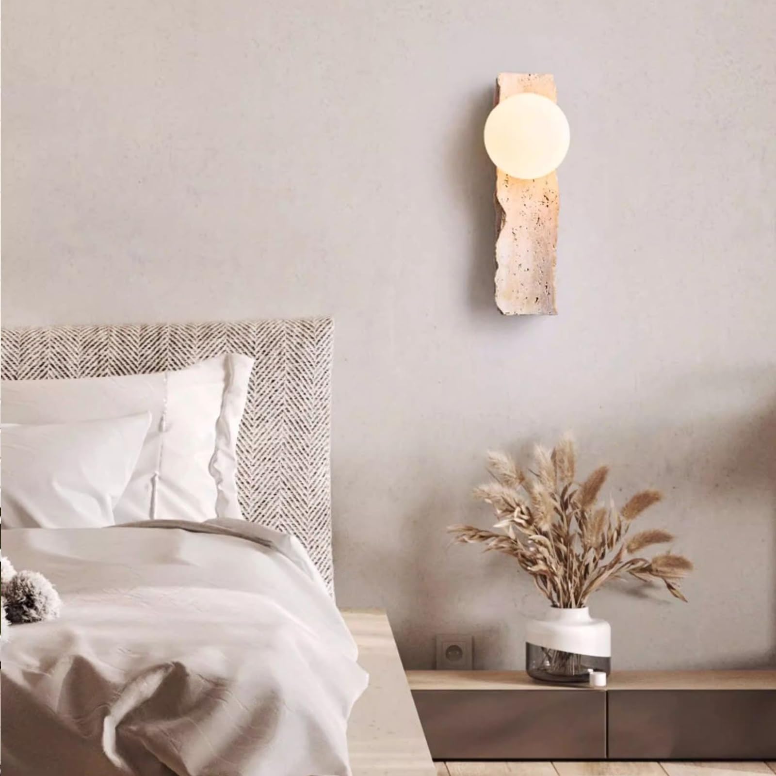 Aplique de pared de travertino moderno, lámpara de pared cableada | Lámpara de pared de piedra de cueva amarilla con pantalla de cristal globo, luz de pared Wabi Sabi de estilo japonés