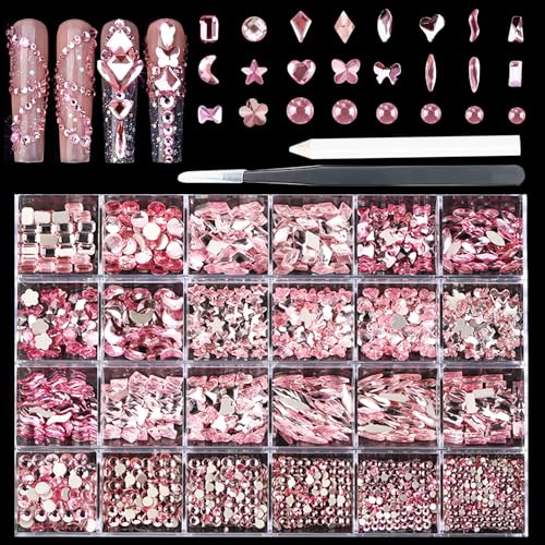 Kaipheiquan Light Pink Nail Rhinestones Kit 18 Types of 900 Special-Shaped Nail Diamonds + 3200 Flat-Bottomed Nail Rhinestones Nail Crystal Rhinestones for Manicure with Tweezer + Pickup Pen