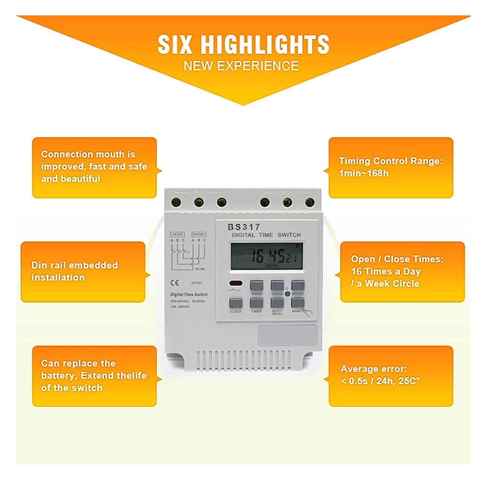 ZERVA Timer settimanale DIN trifase 380V 25A, Timer Digitale con 17 Tempi di attivazione/disattivazione Intervallo Impostato 1min-168H