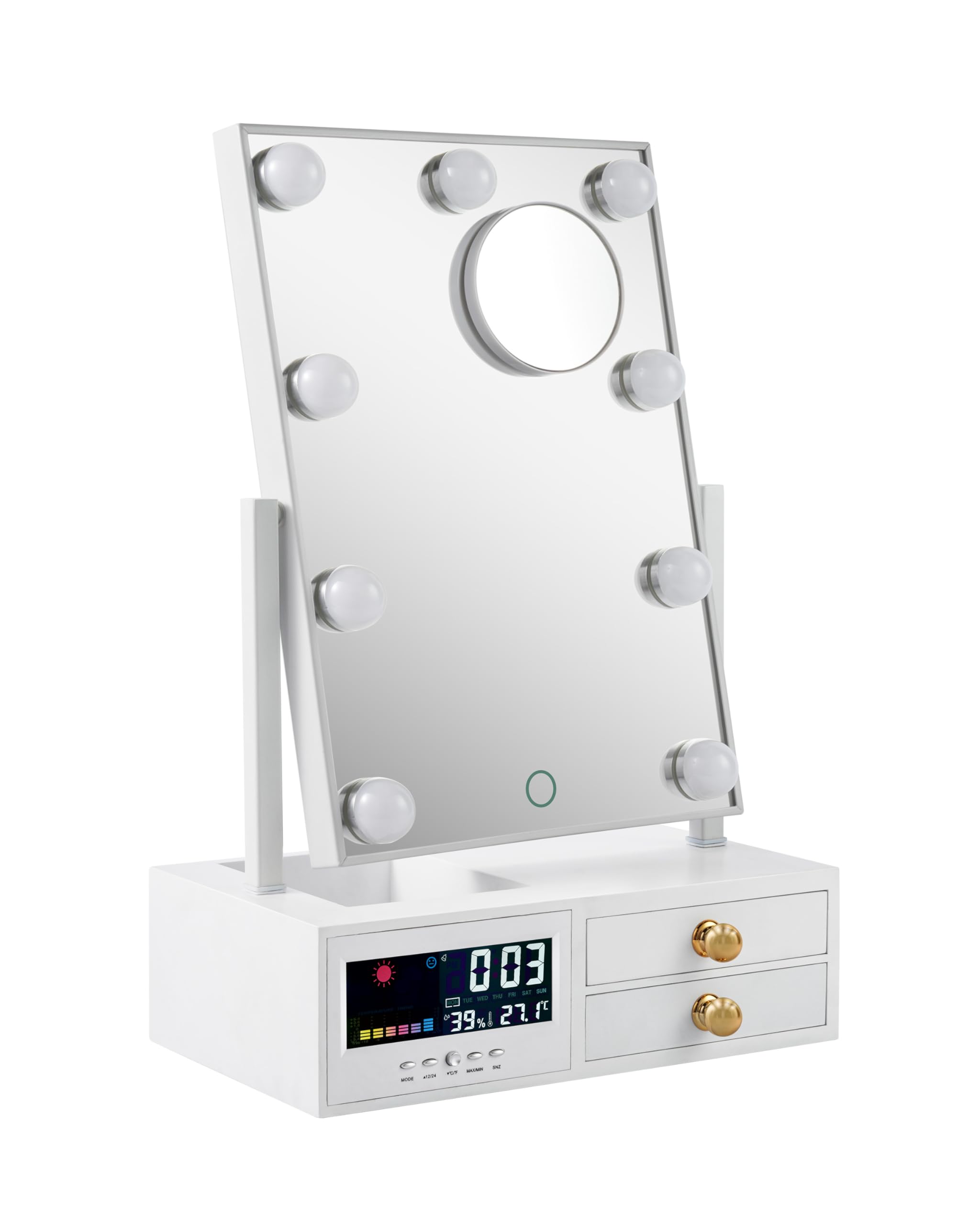 Star Vision 3-in-1 Large Lighted Hollywood Mirror & Jewelry Organizer & Digital Thermometer Hygrometer Clock, 3 Color Tones & Dimmable Light, 2-Layer Drawers, Includes a 10X Magnification Mirror