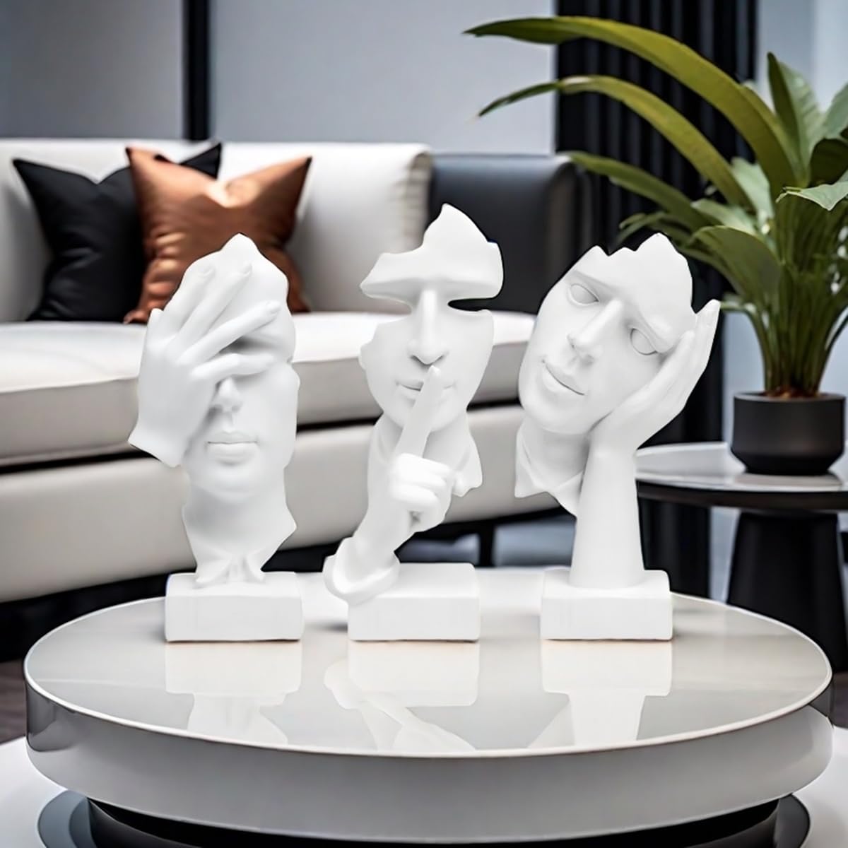 Statua del pensatore a 3 pezzi, il silenzio è una statuetta d'arte astratta in oro, sculture in resina per la casa moderna Decorazioni per oggetti decorativi per l'ufficio domestico (Bianco)