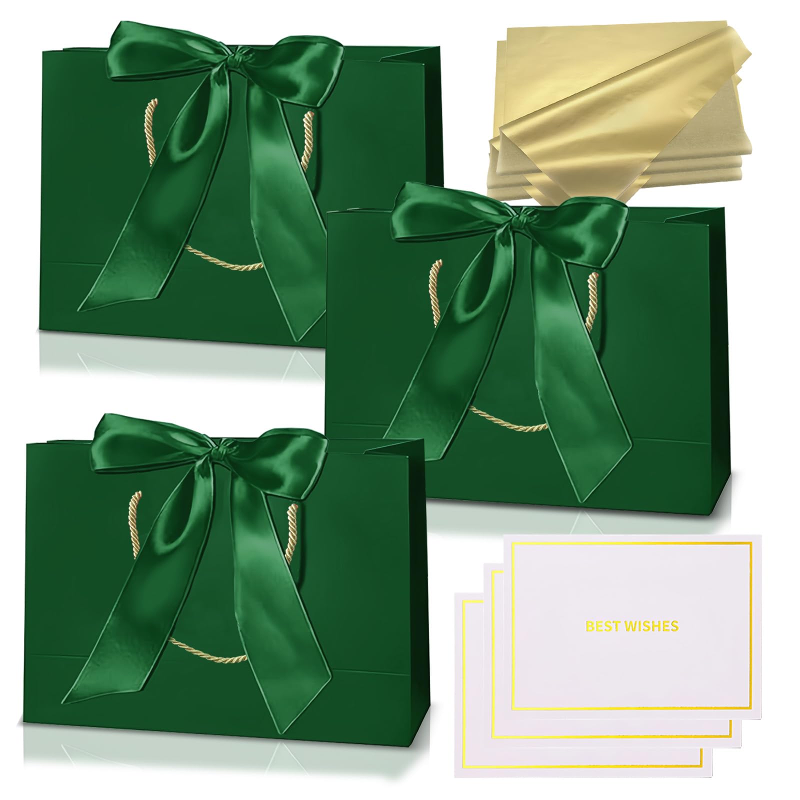 Medium Christmas Dark Green Gift Bags for Present,3Pcs Personalised Birthday Paper Gift Bag with Ribbons 6 Metallic Gold Tissue Paper 3 Cards Wrapping Bag for Women Men Wedding Christmas Party โ image 1
