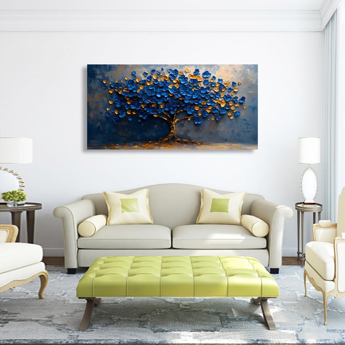 Kunstdruck auf Leinwand, abstrakter Baum, Schlafzimmer, Wanddekoration, Wohnzimmer, Baum des Lebens, Wandkunst, Büro, Küche, Gemälde, Kunstwerk, modern, blau-gelbe Blätter, Bilder, Kunstdrucke