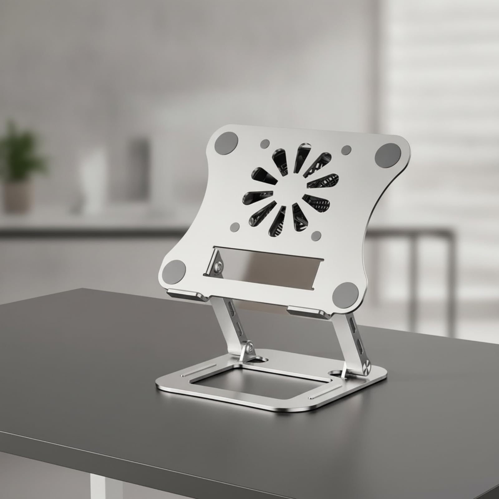 Supporto Laptop Raffreddamento in Acciaio Legato con Silicone Altezza E Angolo Regolabili Base Rotante 360 Gradi, Argento Tecnologico, Pieghevole Con Ventola Di Raffreddamento