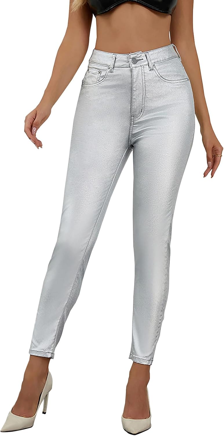 High Waist PU Leather Pants Stretch Skinny Disco Metallic Legging Pants Lightweight Tights Neon Pants