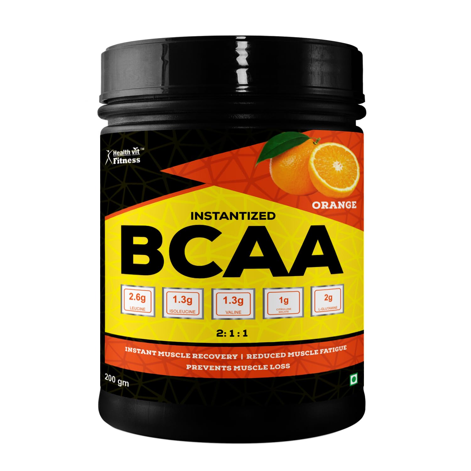 Healthvit BCAA 6000mg Supplement for Men & Women with Ideal 2:1:1 Ratio | Intra Workout Supplement for Men and Women for Muscle Growth & Muscle Recovery - Orange Flavor | Pack of 1 - 200g