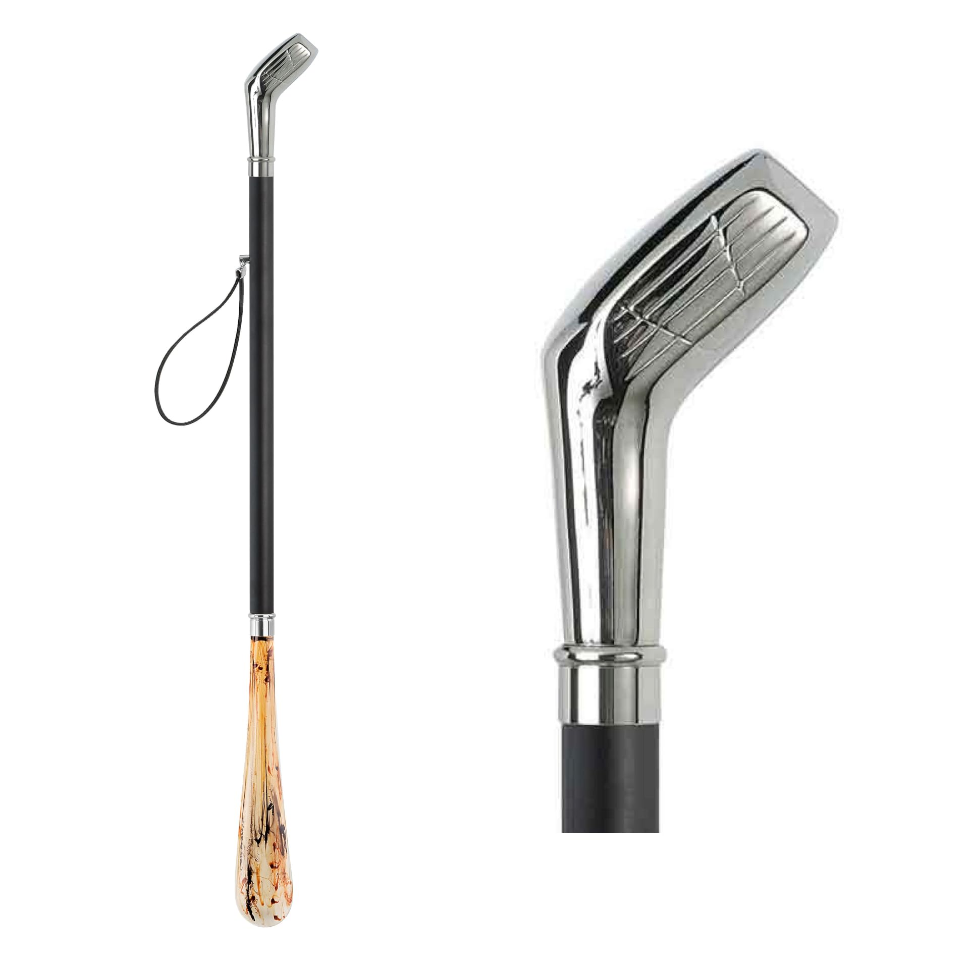 DELFA Design łyżka do butów 70 cm z srebrnym uchwytem w kształcie klubu golfowego - czarny drewniany trzonek z pętelką - elegancka pomoc w zakładaniu butów