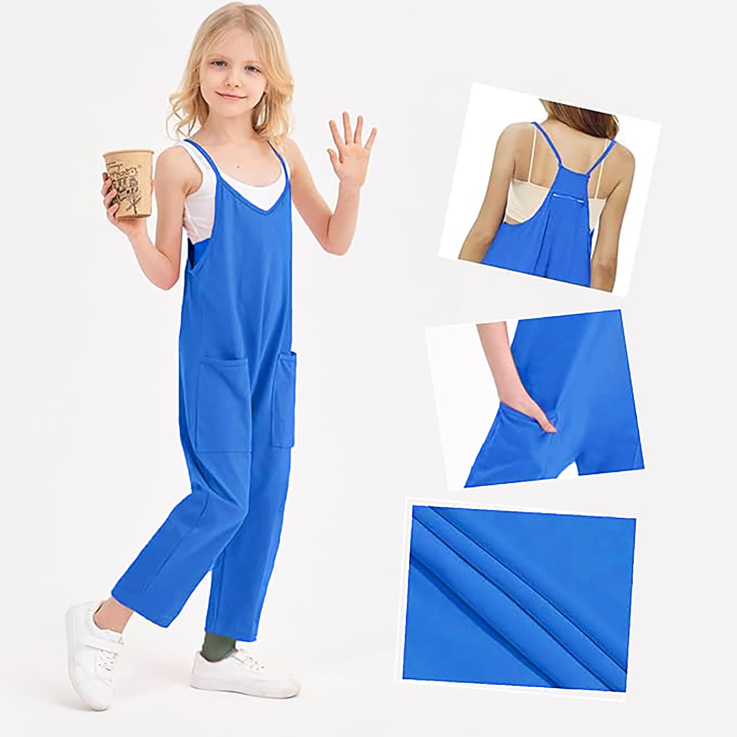 Overol para niñas y niños, estilo casual, sin mangas, con tirantes delgados, pantalones largos con bolsillos