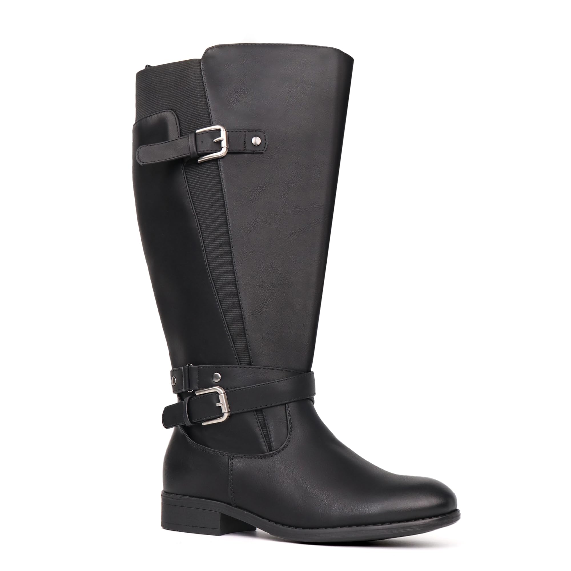Stivali da equitazione da donna con gambo extra largo, tacco basso, cinturino alla caviglia, design sottile, stivali alti al ginocchio