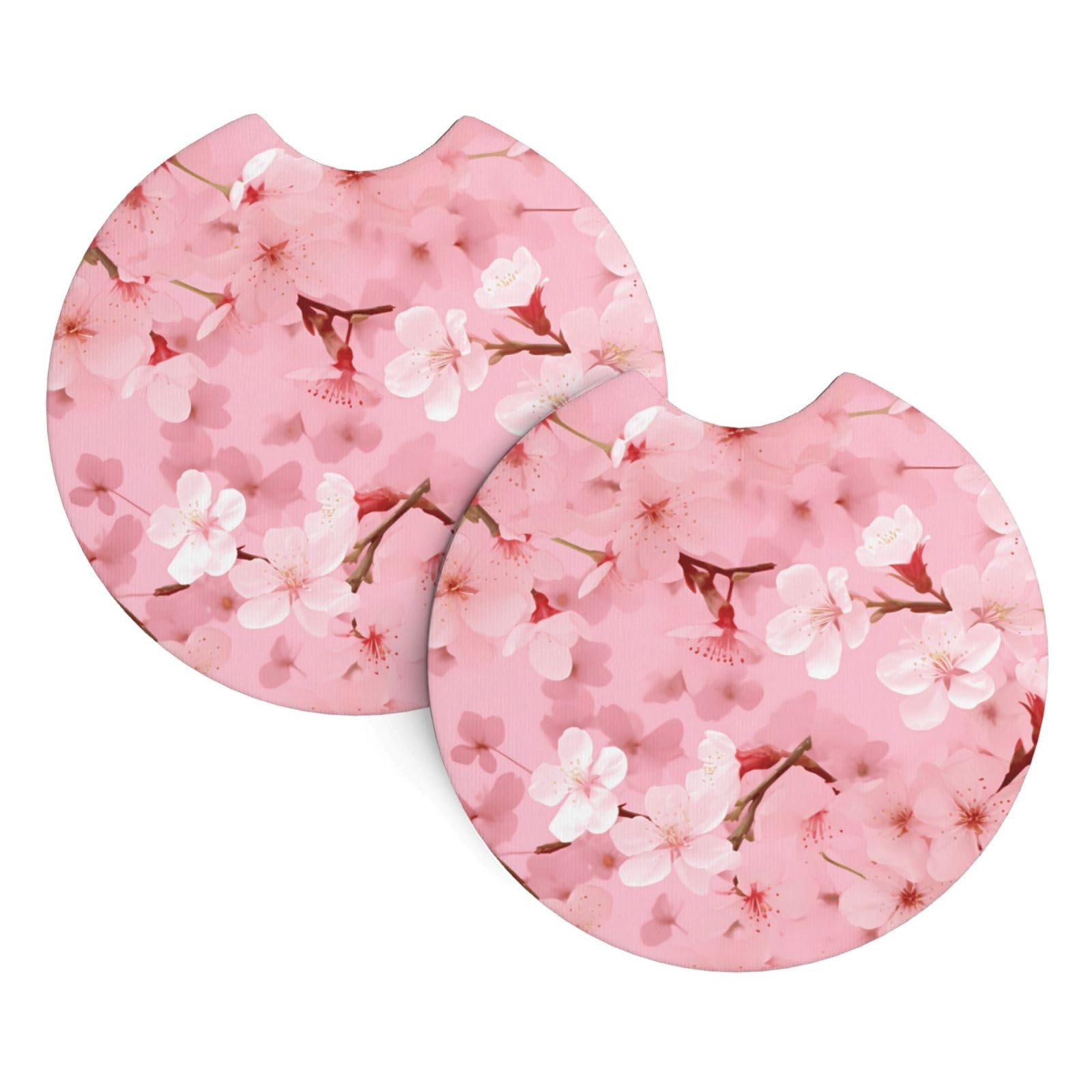 HJFCZH Pink Cherry Blossoms Printed Car Coaster Set of 2 - Waterproof Rubber Cup Holder Protectors for Cars, Trucks & SUVs