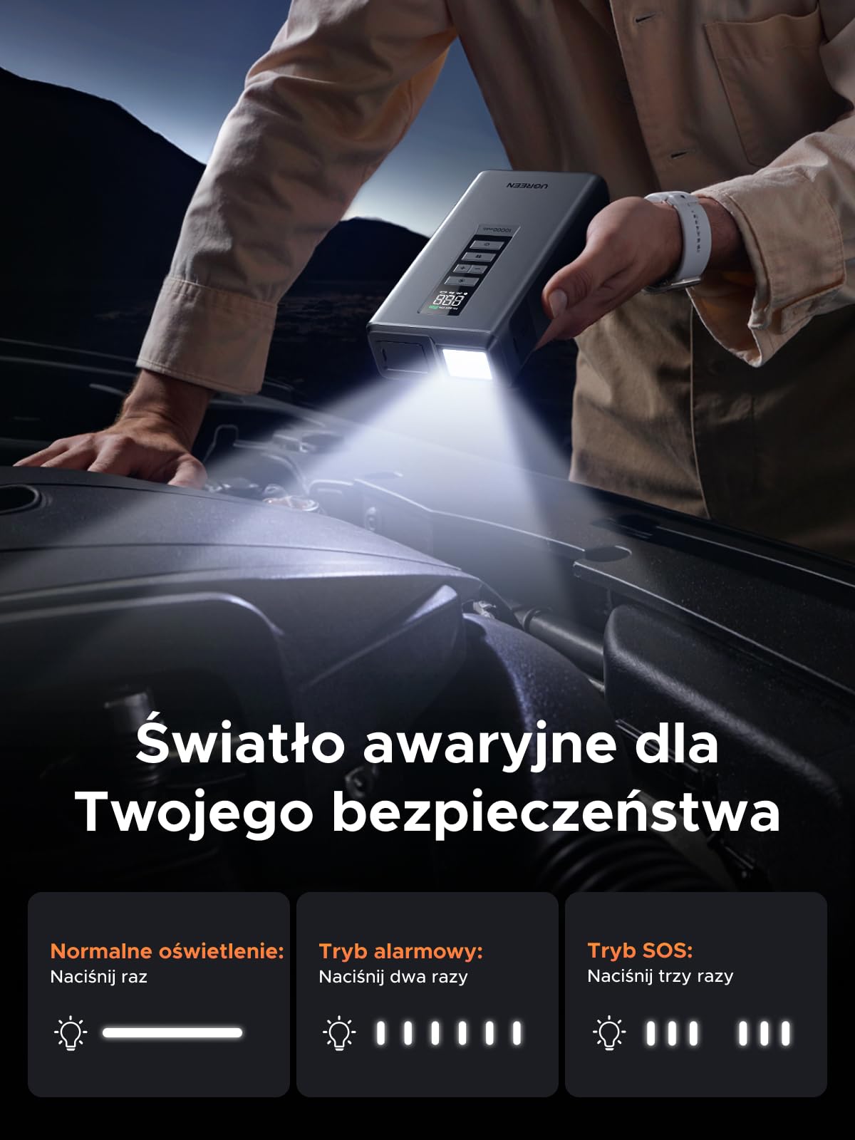 UGREEN 3 w 1 Powerbank 10000 mAh do samochodów z pompką | Ładowarka samochodowa 1000A, duża pojemność, 150 psi, akumulator samochodowy 12 V do benzyny i oleju napędowego, przenośna