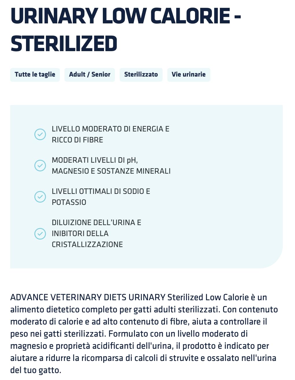 ADVANCE Gatto URINARY LOW CALORIE - STERILIZED | alimento secco dietetico completo per gatti adulti sterilizzati, riduce la ricomparsa di calcoli di struvite, 1 confezione da 1,25kg.