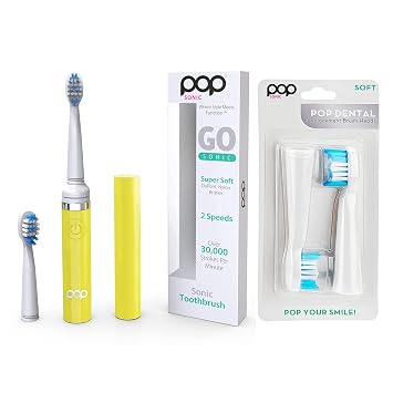 Pop Sonic Electric Toothbrush Yellow Bonus 2 Pack Replacement Heads- Travel Toothbrushes w/AAA Battery | Kids Electric Toothbrushes with 2 Speed & 15,000-30,000 Strokes/Minute