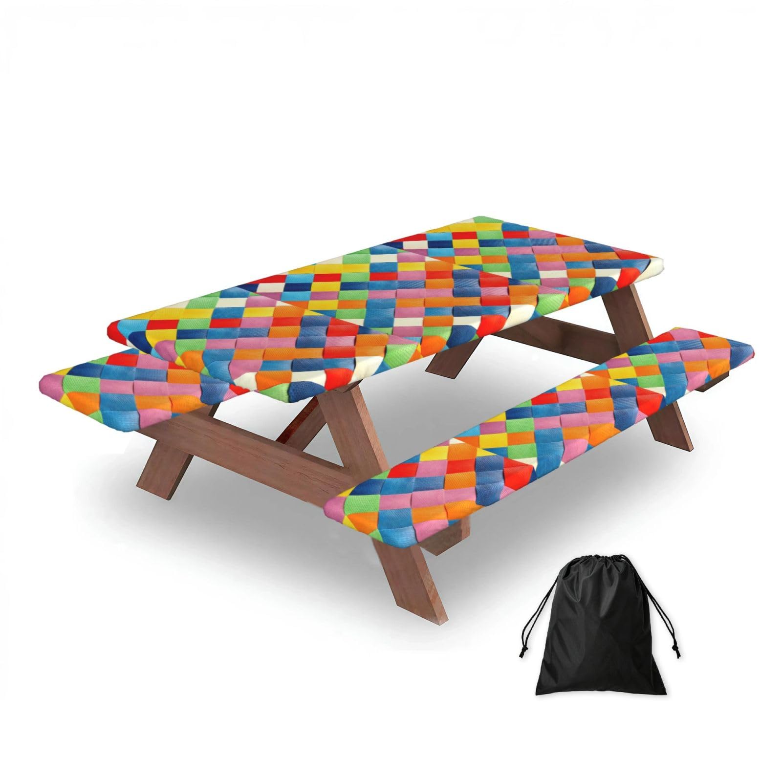 Dopklna As Picture Colorful Plaid Printed, Picnic Table Cover With Bench Covers -Waterproof Elastic Fitted Tablecloth For Garden Camping Patio 76X152cm