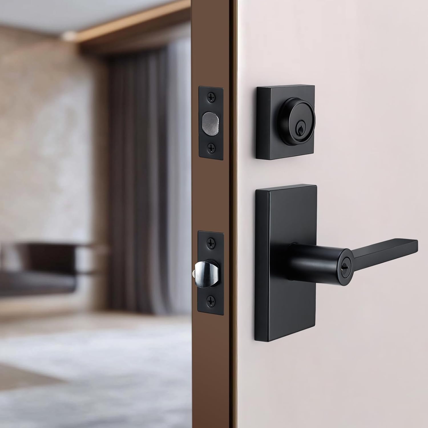 Matte Black Entry Door Handle Set - Modern Rectangular Lever with Single Cylinder Deadbolt, Reversible for Right & Left Handed Doors, Heavy Duty Front Door Lock for Home Office Security