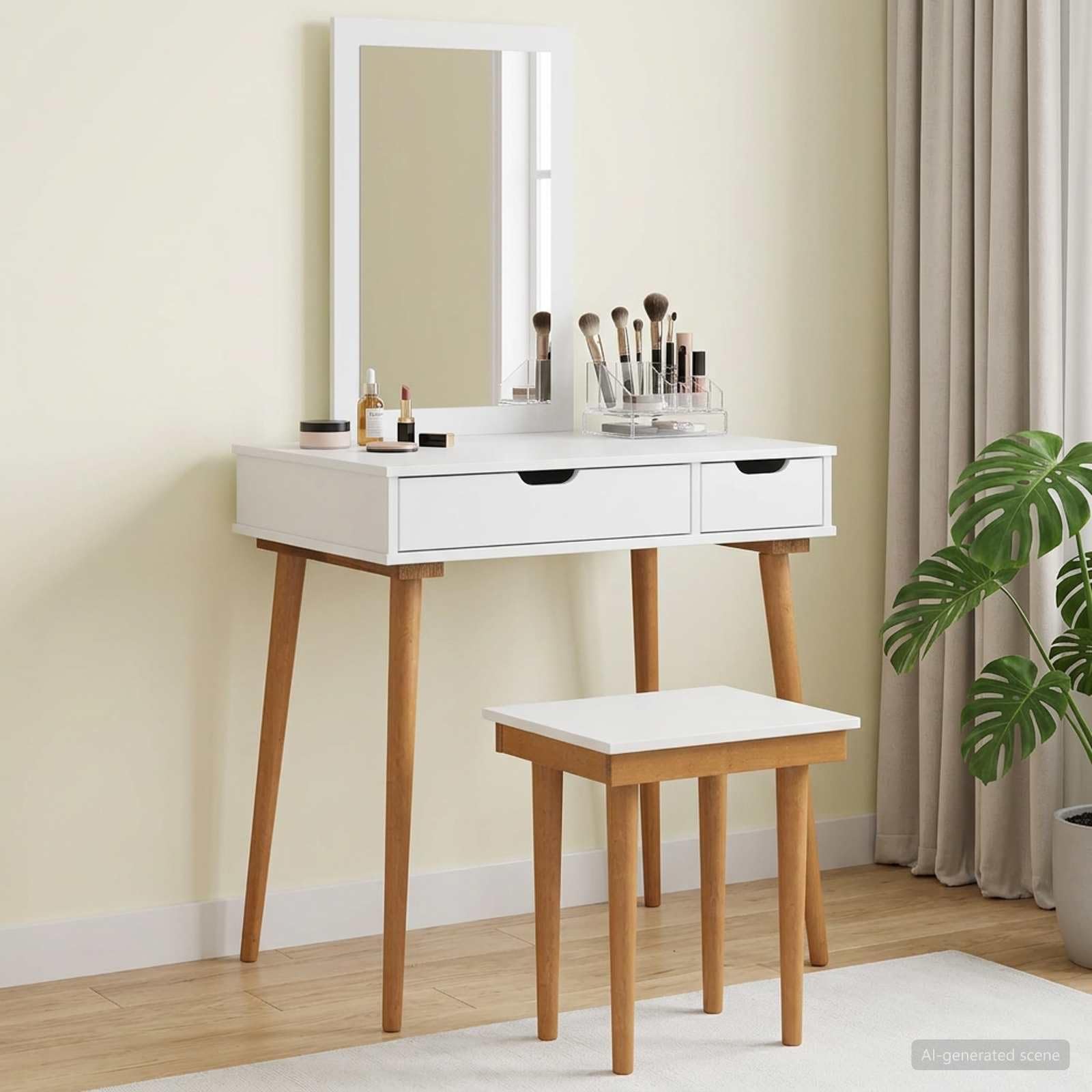 Set Tavolo da Trucco FAUSKE bianco con specchio e sgabello, 76 x 50 x 143 cm, mobiletto con cassetti e portaoggetti, organizzatore compatto per camera da letto e spogliatoio