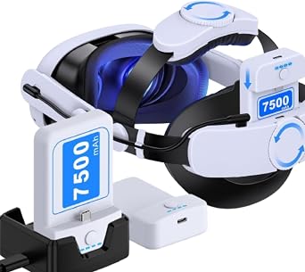 NinxGloy Head Strap for Quest 2/Quest 3/Quest 3S, Bundle 2x7500mAh Head-Strap-Rechargeable-Battery-Pack for Oculus Quest 2, Lightweight Power with LED Indicator for Extended 4 Hours Play