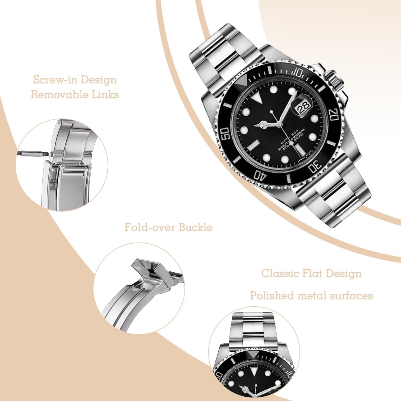 YISIWERA Screw-In Stainless Steel Watch Band, 20mm 22mm Quick Release Metal Watch Strap Bracelet for Men Women with Diving Deployment Buckle Silver - Image 2