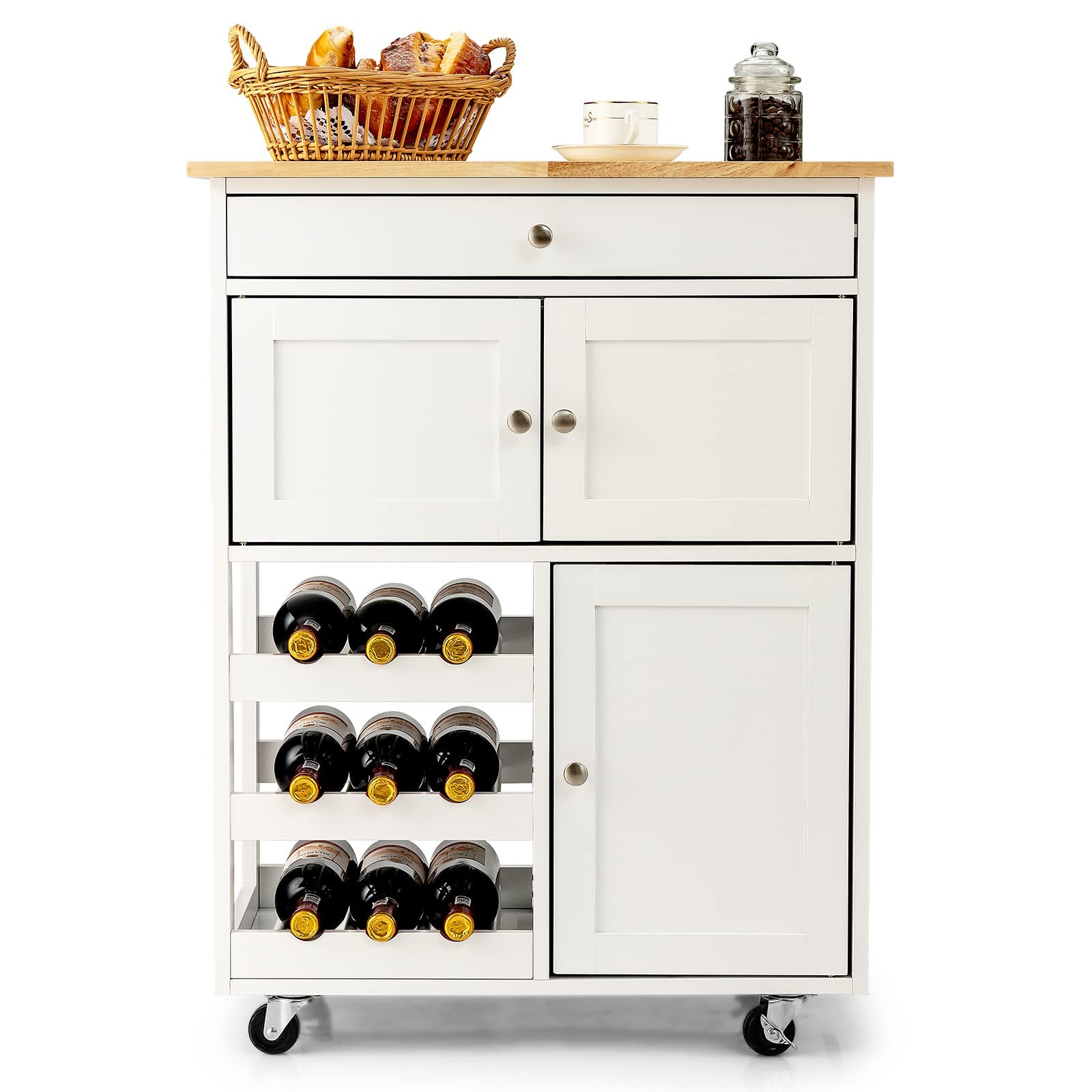 GYMAX Carrello da Cucina, Carrello Portavivande, Credenza da Cucina con Ruote, Cassetti e Portabottiglie, Carrello di Servizio con 3 Ripiani, Carrellino Salvaspazio e Multiuso, in Legno (Bianco)