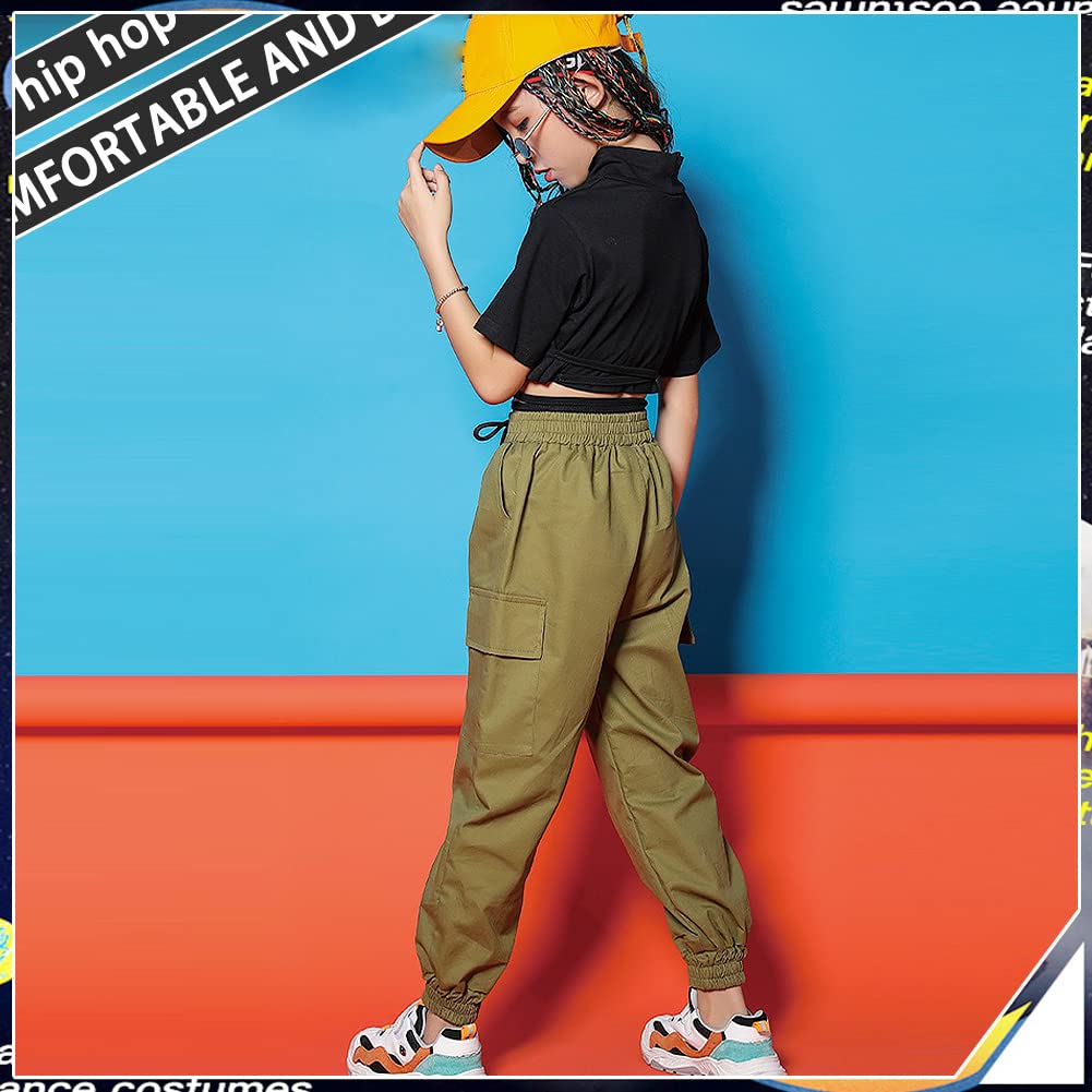 Ropa Niña Top Corto Hiphop Moda + Pantalones Cargo Conjunto 2 Piezas Traje Jazz Color Sólido para Edad 3-17 Años