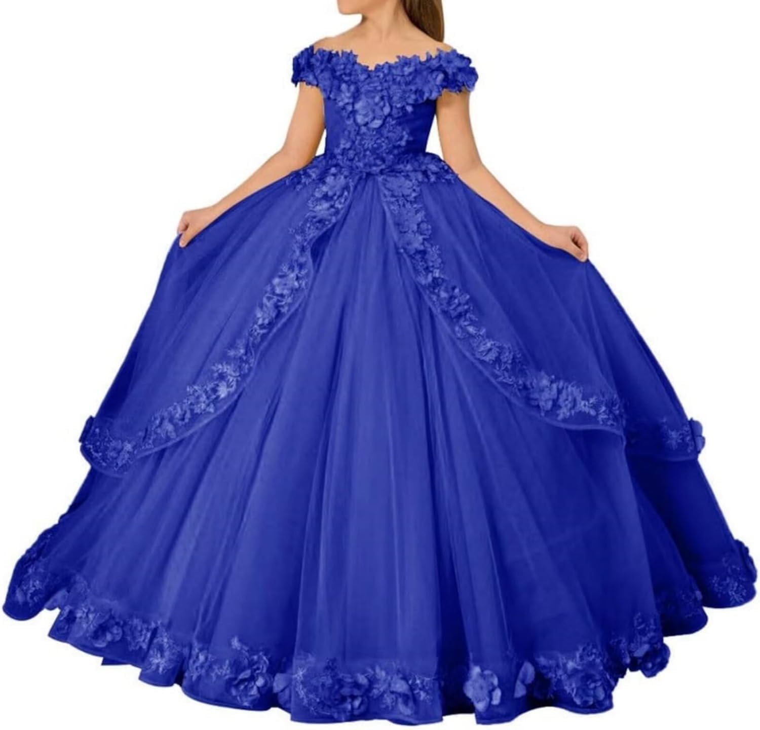 Girls Tulle Flower Girl Dress Off Shoulder Pageant Dresses Lace Applique Puffy Floral Formal Ball Gown Dresses for Kids Royal Blue 12