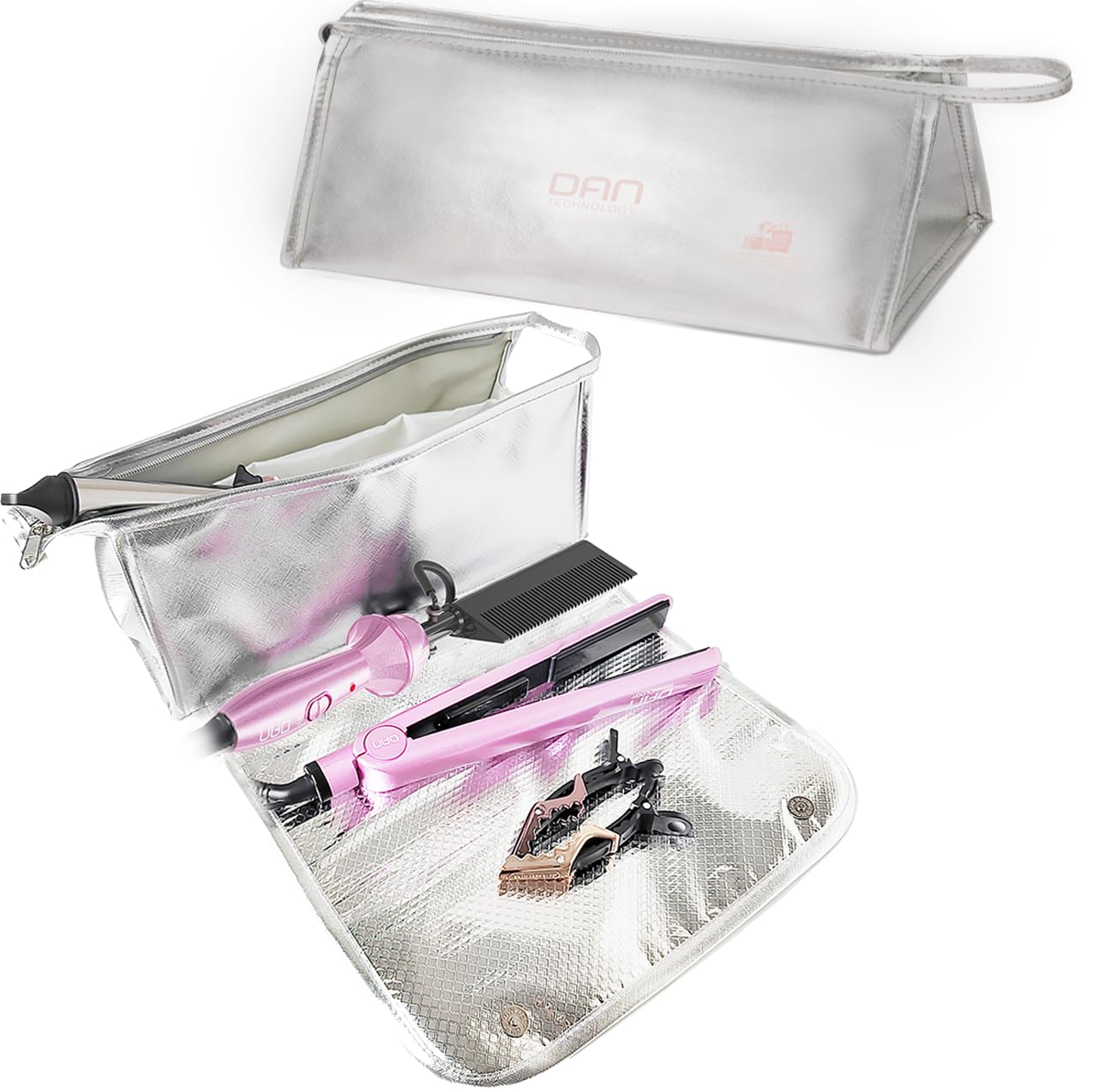 DAN Technology Hair Tools Travel Bag, 12.5 x 5.5 x 5.5 inches, Silver - Heat Resistant Mat, Protective Pad, Hanging Rope, Portable Design, Ideal for Hair Dryer, Curling Iron, Flat Iron, Straighteners
