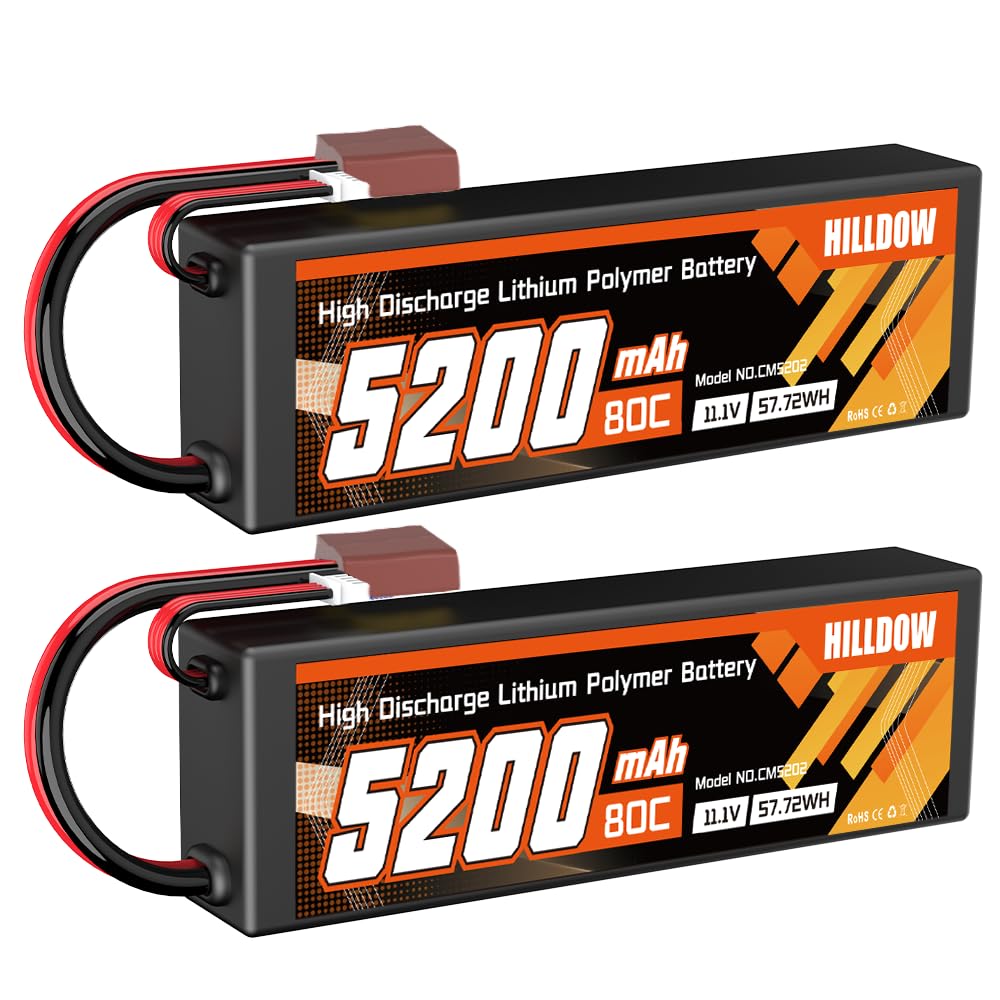 Hilldow 3S Lipo Battery 5200mAh 11.1V 80C RC Battery Hard Case with T Plug for RC Car Boat Truck Heli Airplane Drone(2 Packs)