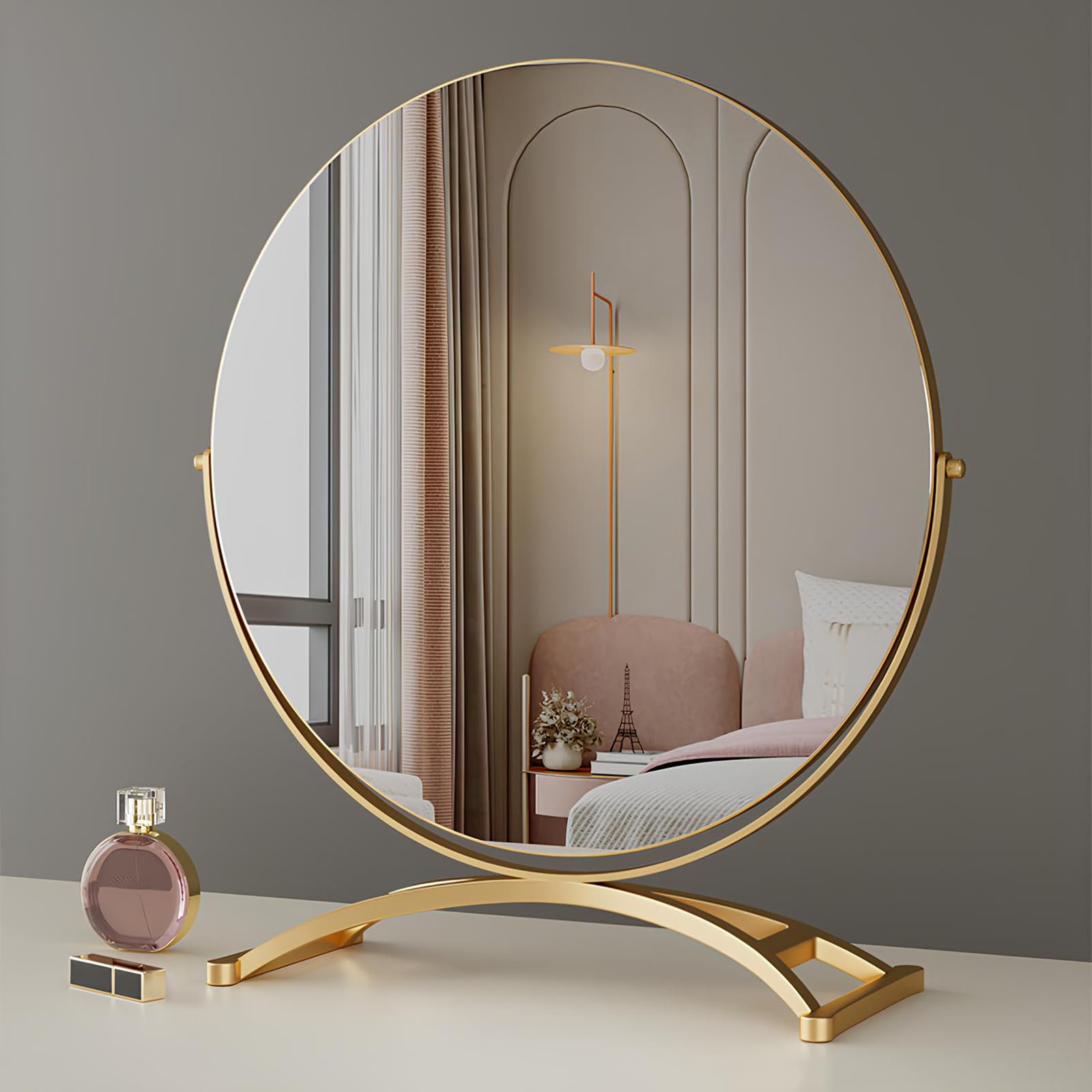 VQWQV 360° Rotation Modern Vanity Mirror, HD Desktop Makeup Mirrors, Metal Frame Dressing Table Mirror With Base For Bedroom Bathroom Decor(Gold,50cm/19.6in)