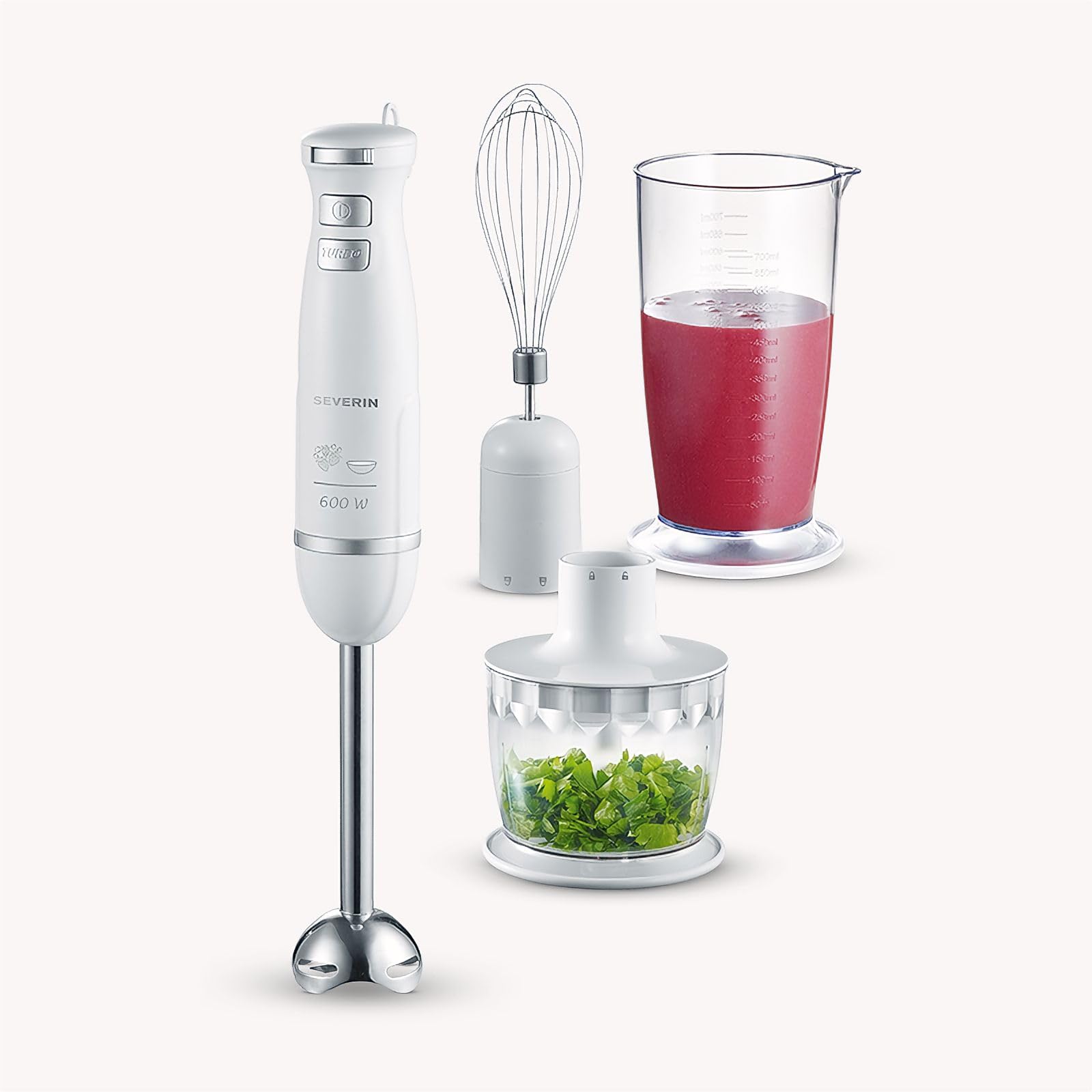 SEVERIN Ensemble mixeur plongeant 600 W, Mixeur multifonction avec anneau de suspension et de nombreux accessoires, Mixeur-plongeur, batteur, mélangeur et hachoir, blanc, SM 3798