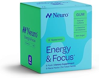Neuro Energy & Focus Gum - 40mg Natural Caffeine Gum & Nootropic Energy Supplement with L-Theanine & B Vitamins - Sugar Free, Vegan - Spearmint, 54ct