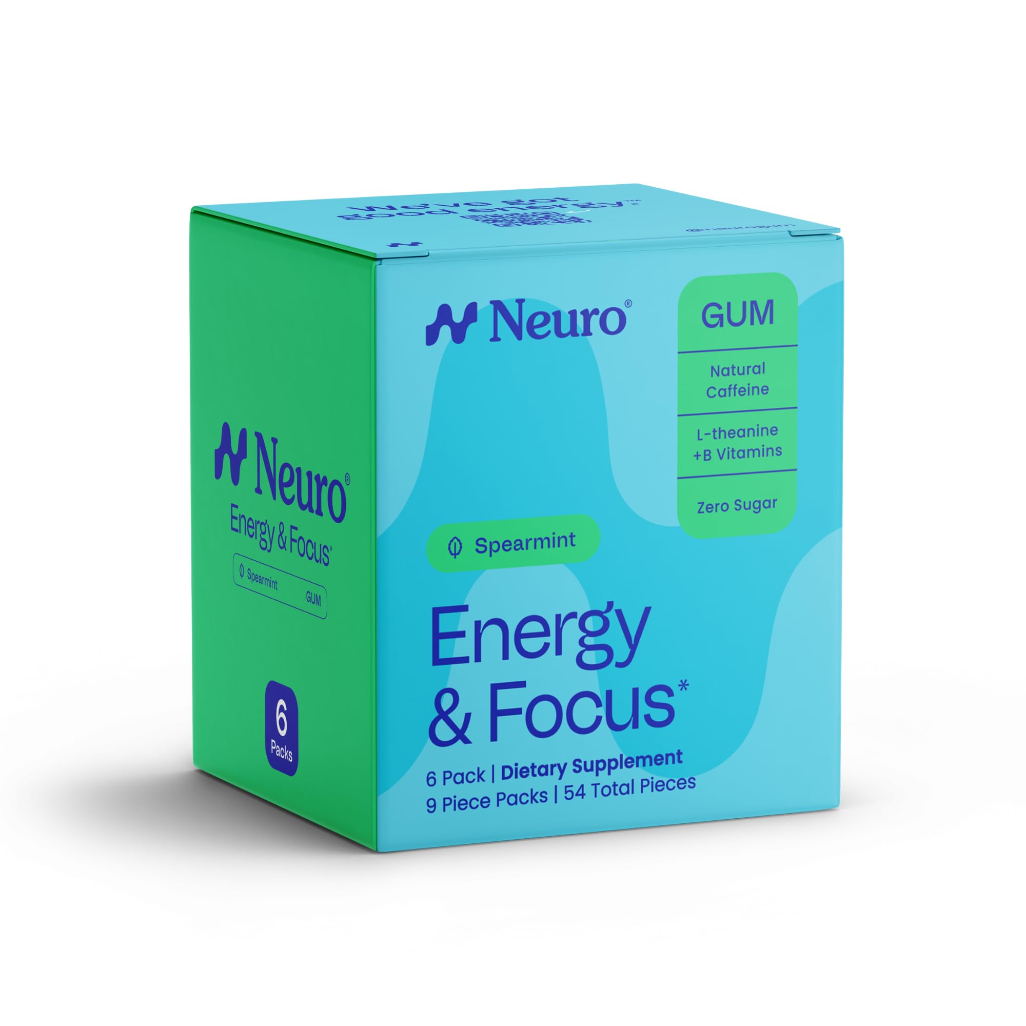 Energy & Focus Gum - 40mg Natural Caffeine Gum & Nootropic Energy Supplement with L-Theanine & B Vitamins - Sugar Free, Vegan - Spearmint, 54ct