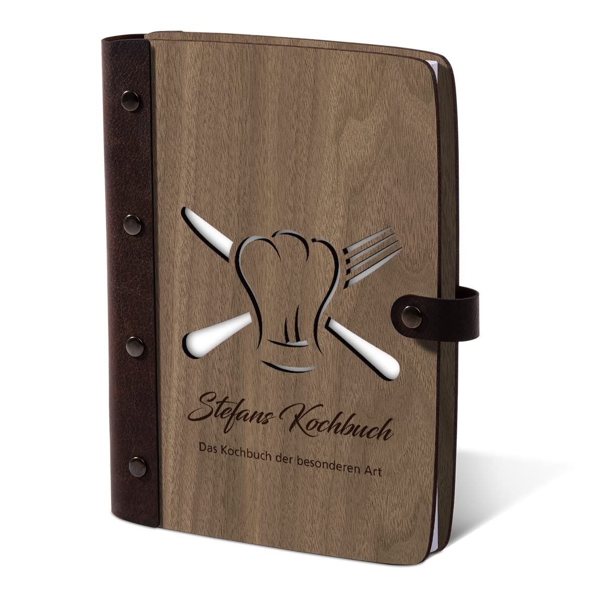 Kartenmachen.de Personalisiertes Rezeptbuch, Kochbuch, Notizbuch Holzcover mit Echtleder Rücken 72 Blatt | 144 Seiten A5 hoch 158x222mm Nussbaum Amerikanisch - Kochmütze