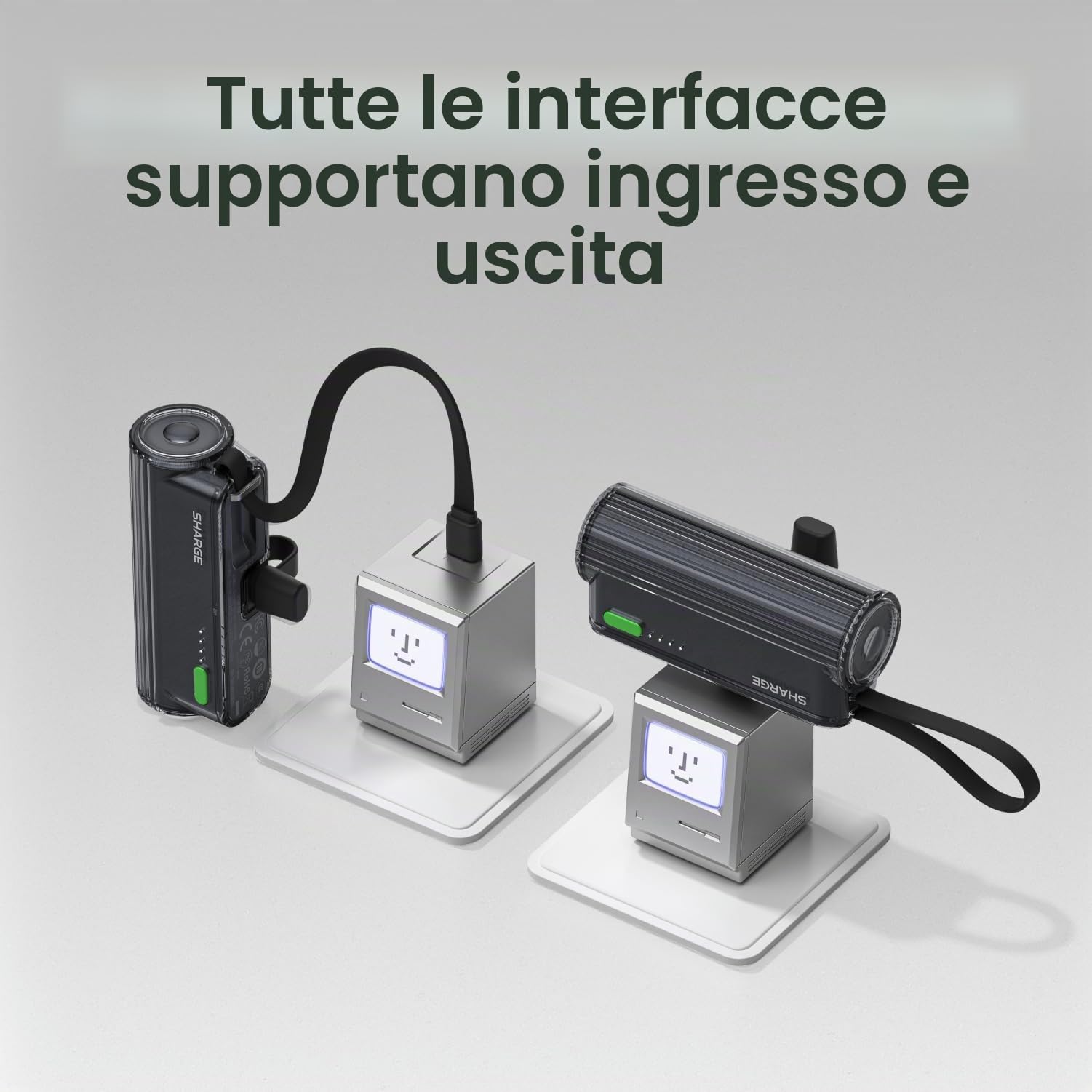 SHARGE Flow Mini 2 Power Bank 22.5w Max, Kleine Powerbank für Unterwegs, Schnelllade-Akkupack mit Lightning- und USB-C-Anschluss, Tragbares Ladegerät mit Integriertem Kabel für iPhone 16/15/14, Galaxy