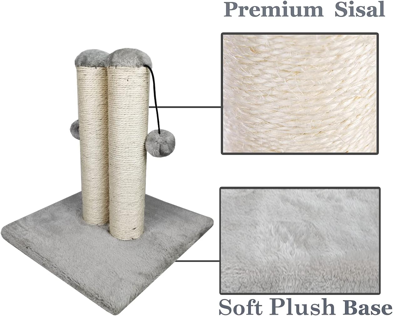 Dimaka Cat Scratching Post, Cat Scratcher for Cats with Teasing Toy Ball, Natural Sisal White and Grey (Double Posts)