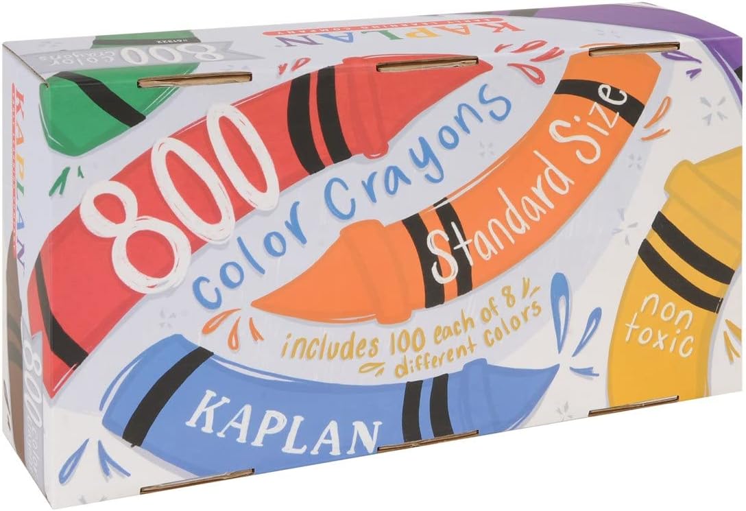 Kaplan Early Learning Standard Crayons Class Pack - 800 Per Box, 100 Each of 8 Bold, No-Smear Colors for Arts and Crafts