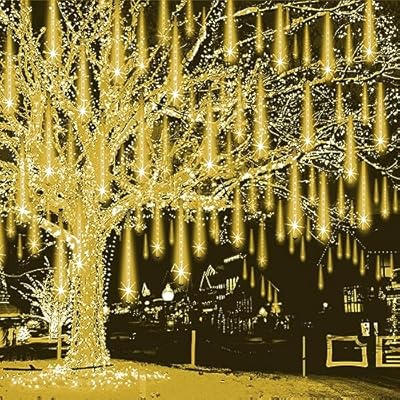 Weepong Christmas Lights Outdoor, Falling Rain Lights Meteor Shower Lights 12 inch 8Tube 192 LED Snowfall Icicle Cascading String Lights for Xmas Tree Christmas Decorations Holiday,UL Plug,Warm White