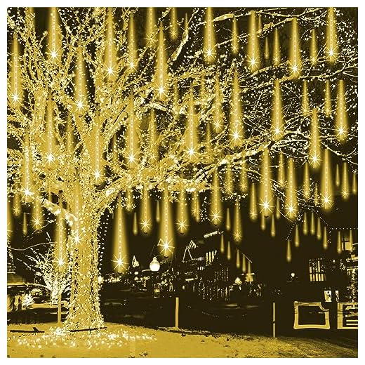 Weepong Christmas Lights Outdoor Falling Rain Meteor Shower Lights 12 inch 8 Tube 192 LED Snowfall Icicle Cascading String Light for Xmas Tree Christmas Decorations Holiday Garden, UL Plug,Warm White