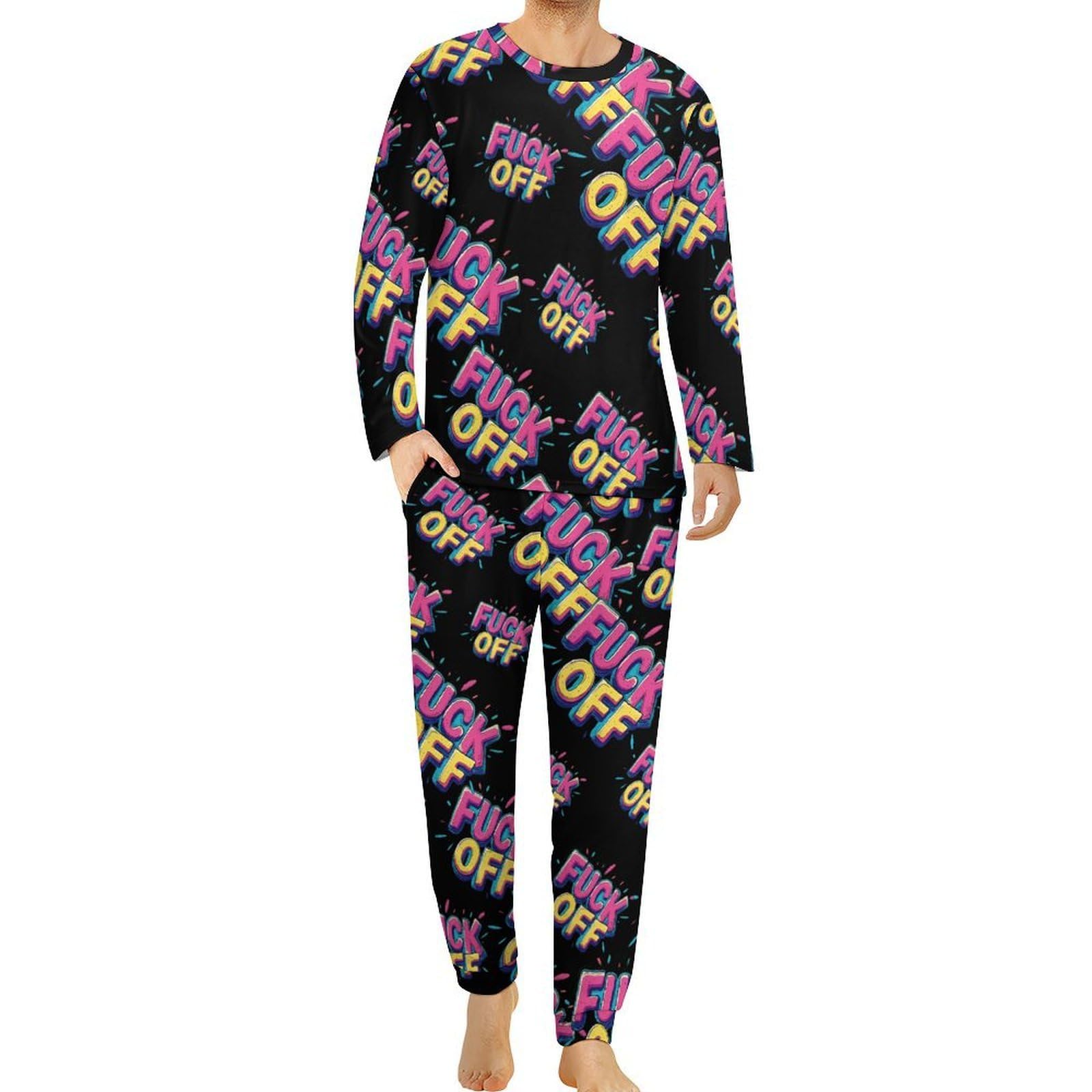 Fck Off - Conjunto de pijama para hombre, cuello redondo, 2 piezas, manga larga, suave, transpirable para todas las estaciones