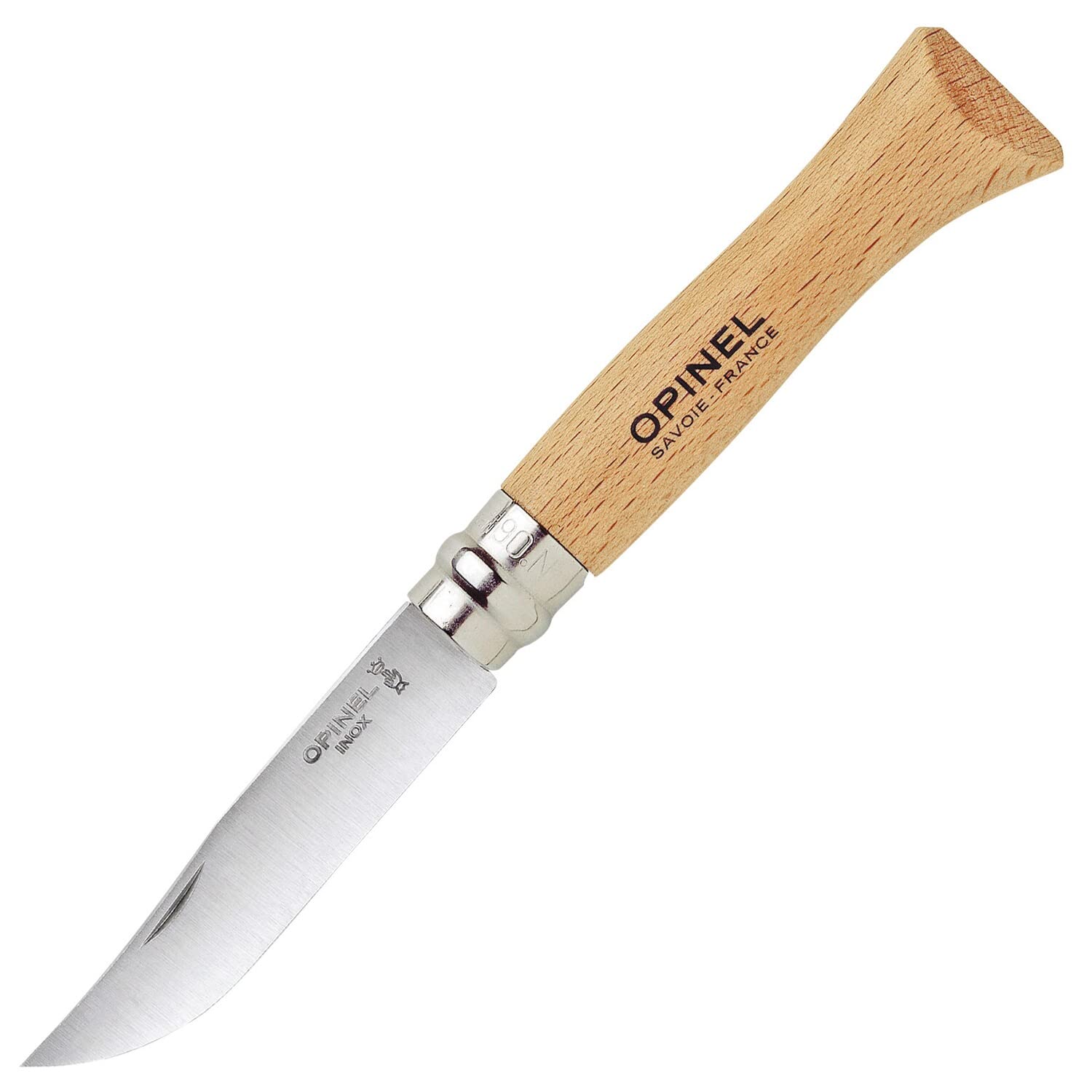 Opinel - N°06 Cuchillo de Bolsillo en Blister - Hoja de 7 cm de Acero Inoxidable, Mango de Madera de Haya, Uso Diario, Anillo de Seguridad Virobloc - Fabricación Francesa