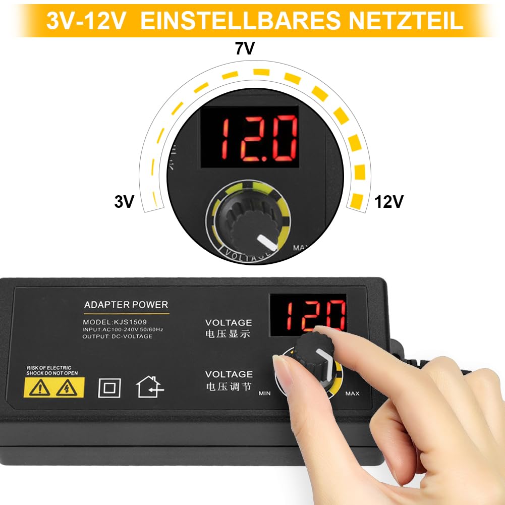 Alimentation Réglable 3-12V 5A, Transformateur Variable Transfo Variateur 12V Alimentation Laboratoire avec Contrôle de Tension Adaptateur Secteur Réglable avec Bouton Rotatif Affichage LED