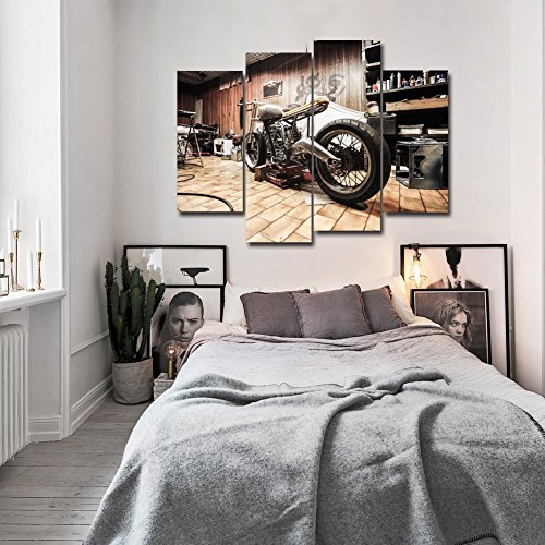 Ulinked Art 4 Panels Vintage Vehicle Pictures Racing Motorcycle In The Workshop For Repair Motocross Drawing Giclee Painting On Canvas Home Decoration Living Room Office Wall Art #TOP1