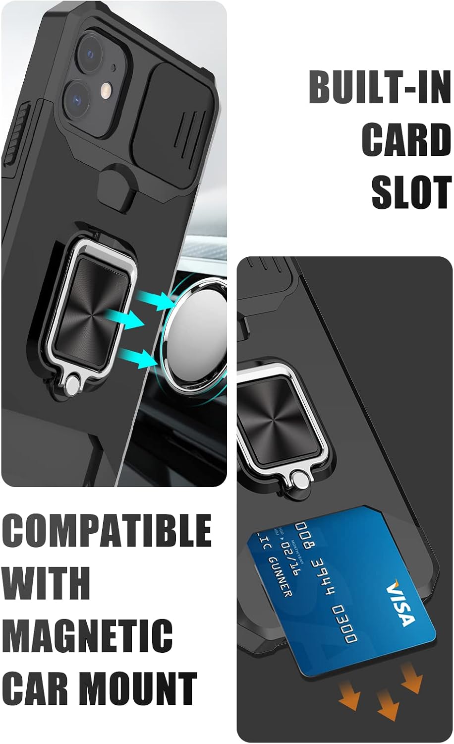 Jusy Wallet Case for iPhone 11 Pro Max & 2 Screen Protectors, with Sliding Camera Cover, Card Holder Slot and Magnetic Kickstand Ring, Heavy Duty Case Military Grade Cover (Black)